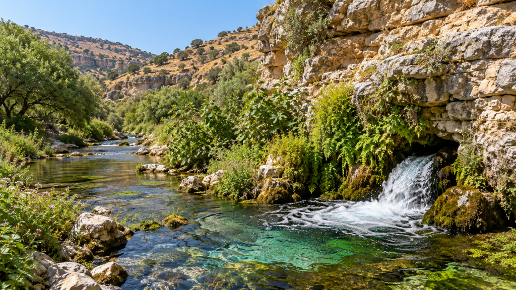 صورة توضيحية لنبع يخرج من صخور كلسية ويغذي مجرى مائيًا